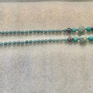 Vintage Blue Beaded Necklace With Carved and Cloisonné Style Gemstone Beads